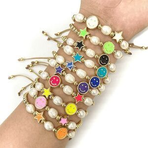 Gold Beaded White Enamel Happy Face Bracelet